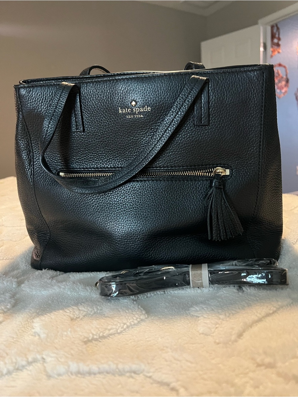 kate spade Black Pebbled Leather Tote with Tassel Zip Pocket